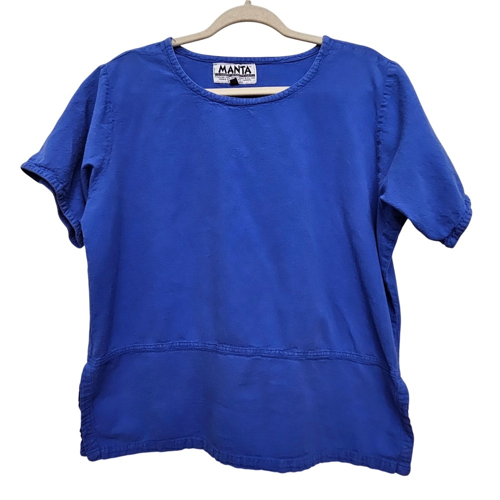 Manta Cotton Top‎ Womens L Blue Short Sleeve Boxy Lagenlook Coastal Boho Shirt